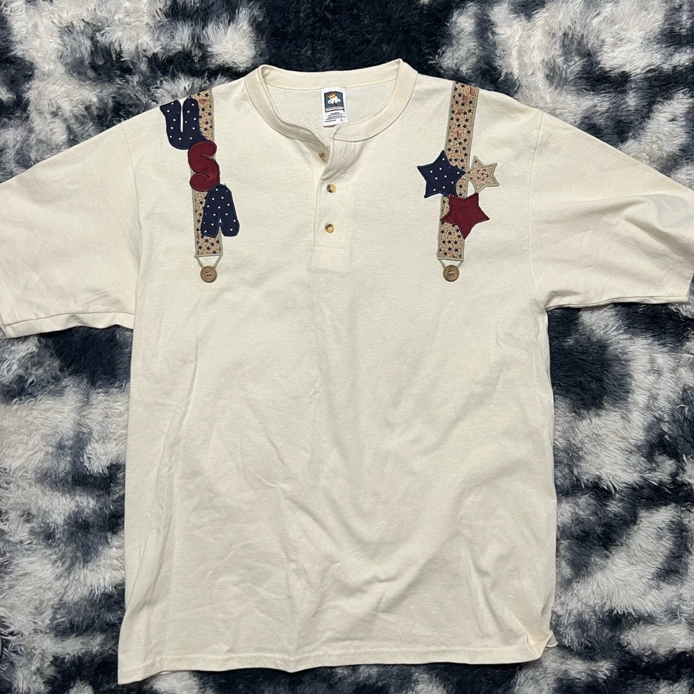 Patriotic Cream Henley Shirt with USA Accents